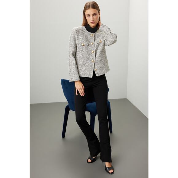 DEREK LAM COLLECTIVE Gray Gold Button Front Zip Up Sleeve Tweed Jacket Size 40 - Picture 1 of 14